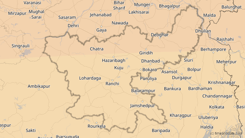 A map of Jharkhand, Indien, showing the path of the 20. Mär 2034 Totale Sonnenfinsternis