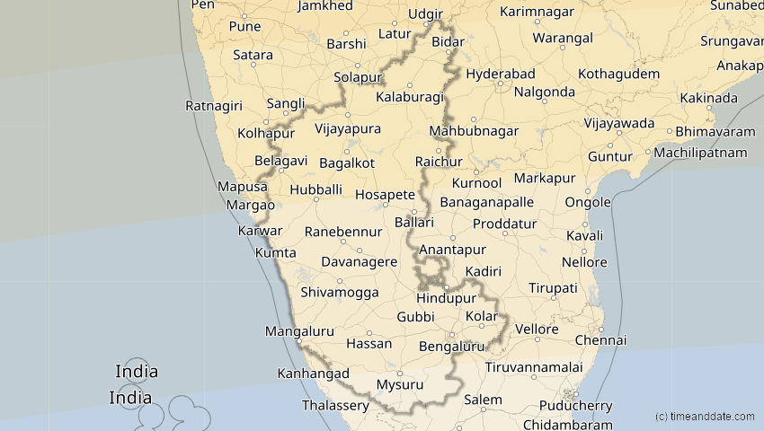A map of Karnataka, Indien, showing the path of the 20. Mär 2034 Totale Sonnenfinsternis