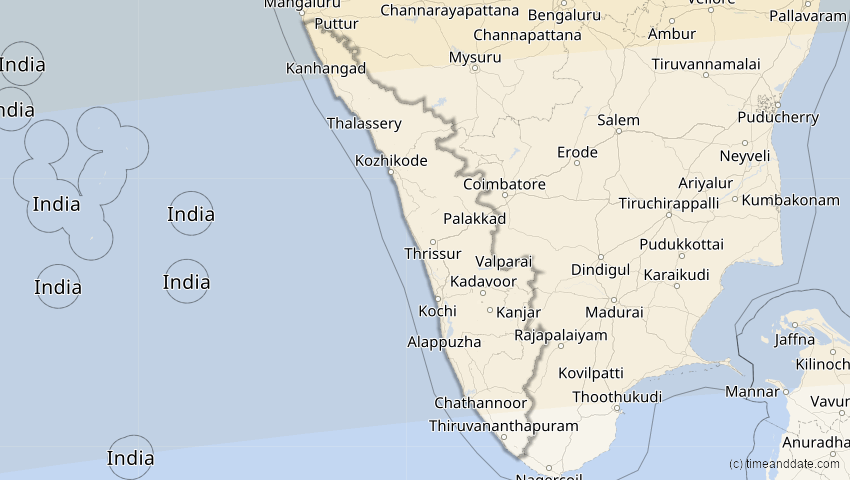A map of Kerala, Indien, showing the path of the 20. Mär 2034 Totale Sonnenfinsternis