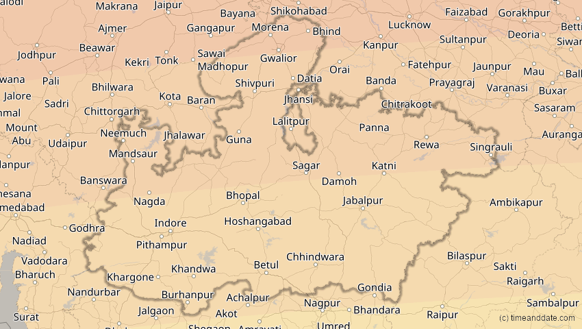 A map of Madhya Pradesh, Indien, showing the path of the 20. Mär 2034 Totale Sonnenfinsternis