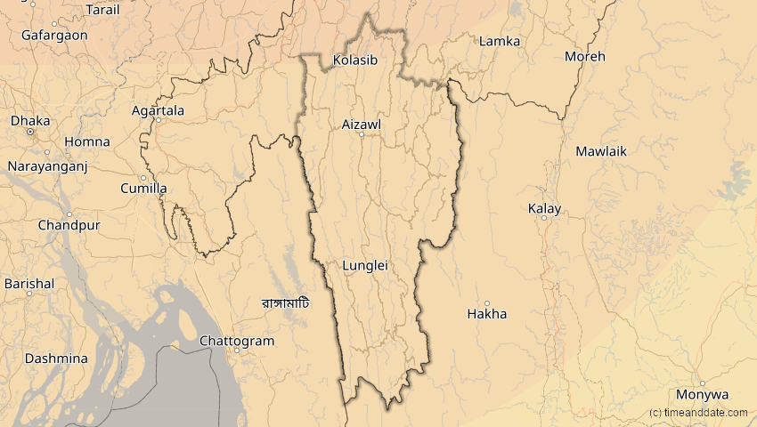 A map of Mizoram, Indien, showing the path of the 20. Mär 2034 Totale Sonnenfinsternis