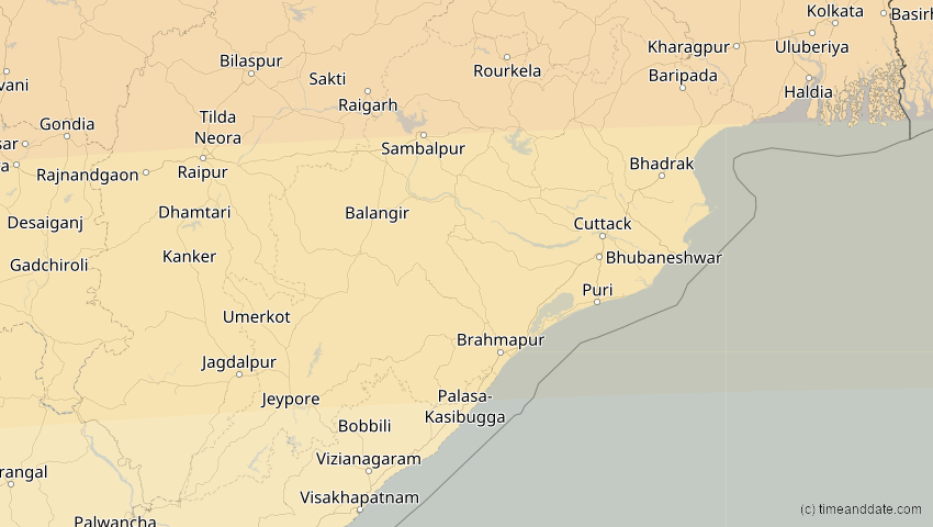 A map of Odisha, Indien, showing the path of the 20. Mär 2034 Totale Sonnenfinsternis