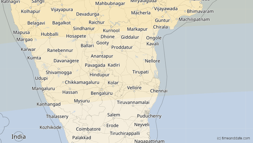 A map of Pondicherry, Indien, showing the path of the 20. Mär 2034 Totale Sonnenfinsternis