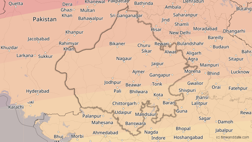 A map of Rajasthan, Indien, showing the path of the 20. Mär 2034 Totale Sonnenfinsternis
