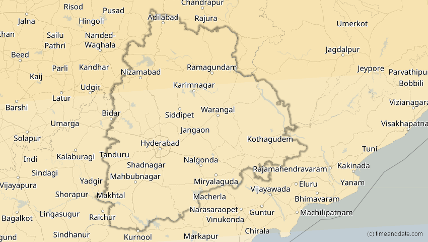 A map of Telangana, Indien, showing the path of the 20. Mär 2034 Totale Sonnenfinsternis