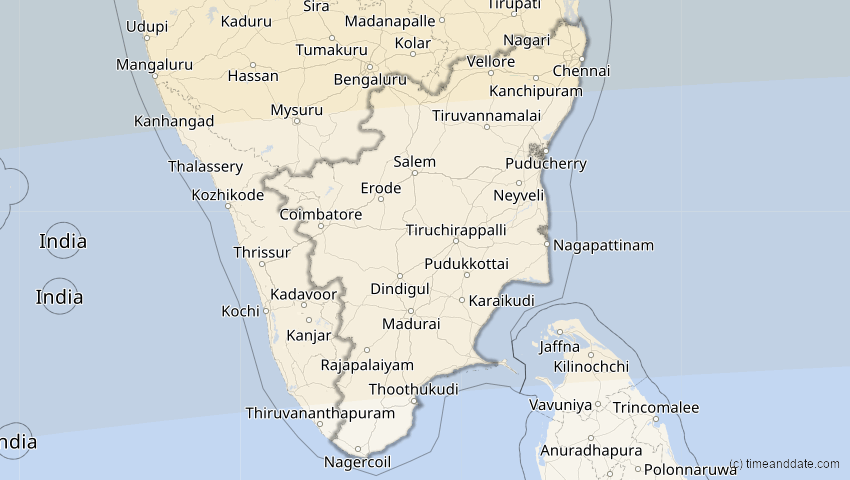 A map of Tamil Nadu, Indien, showing the path of the 20. Mär 2034 Totale Sonnenfinsternis