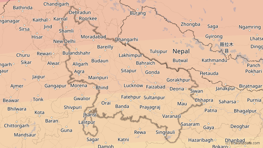 A map of Uttar Pradesh, Indien, showing the path of the 20. Mär 2034 Totale Sonnenfinsternis