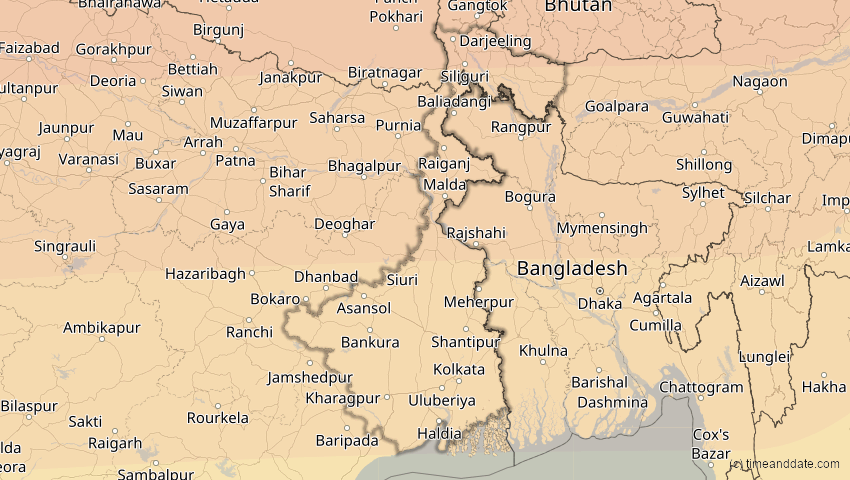A map of Westbengalen, Indien, showing the path of the 20. Mär 2034 Totale Sonnenfinsternis