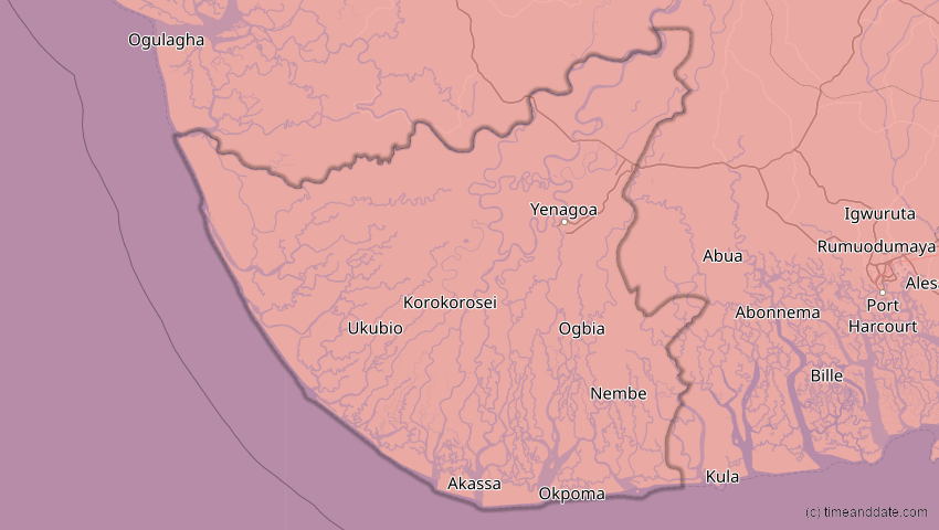 A map of Bayelsa, Nigeria, showing the path of the 20. Mär 2034 Totale Sonnenfinsternis