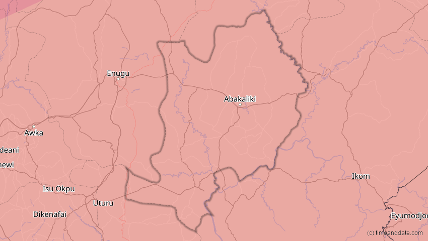 A map of Ebonyi, Nigeria, showing the path of the 20. Mär 2034 Totale Sonnenfinsternis