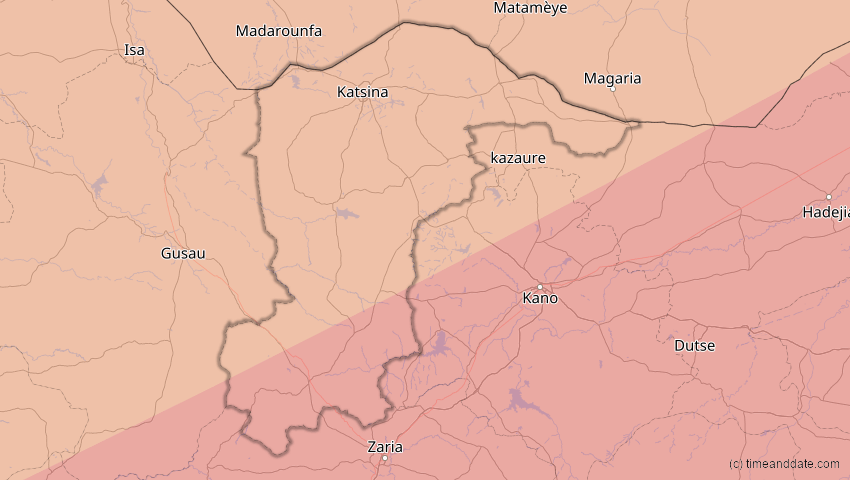 A map of Katsina , Nigeria, showing the path of the 20. Mär 2034 Totale Sonnenfinsternis
