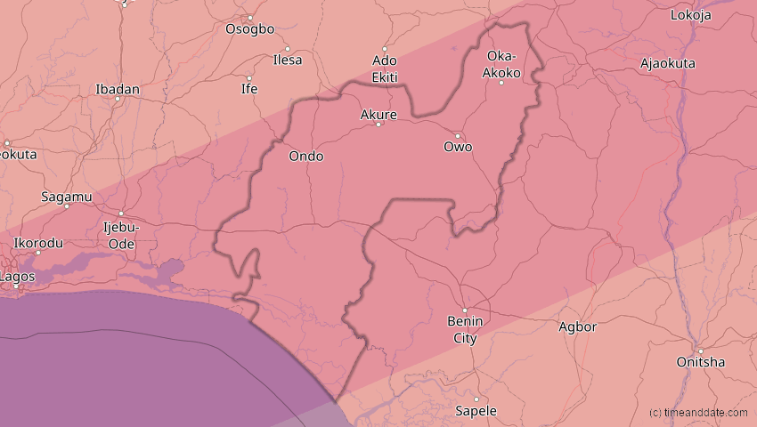 A map of Ondo, Nigeria, showing the path of the 20. Mär 2034 Totale Sonnenfinsternis