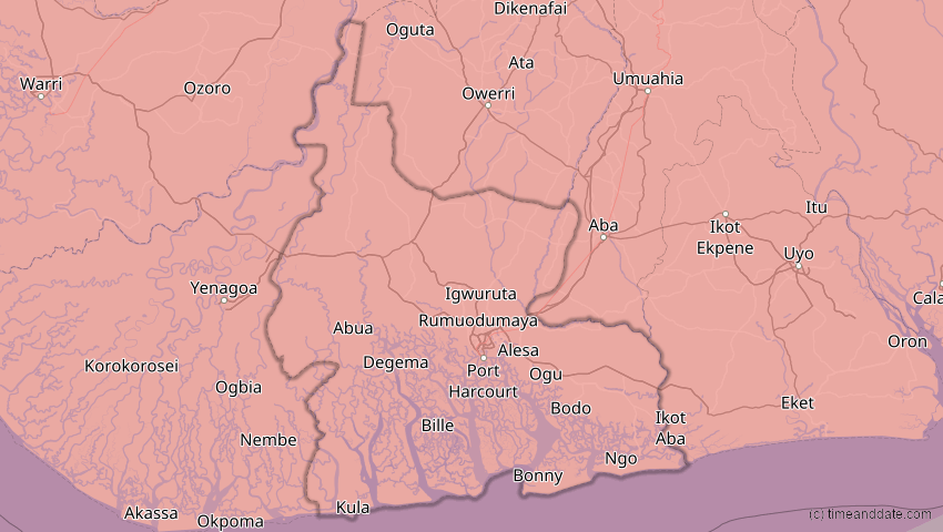 A map of Rivers, Nigeria, showing the path of the 20. Mär 2034 Totale Sonnenfinsternis