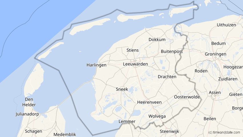 A map of Friesland, Niederlande, showing the path of the 20. Mär 2034 Totale Sonnenfinsternis