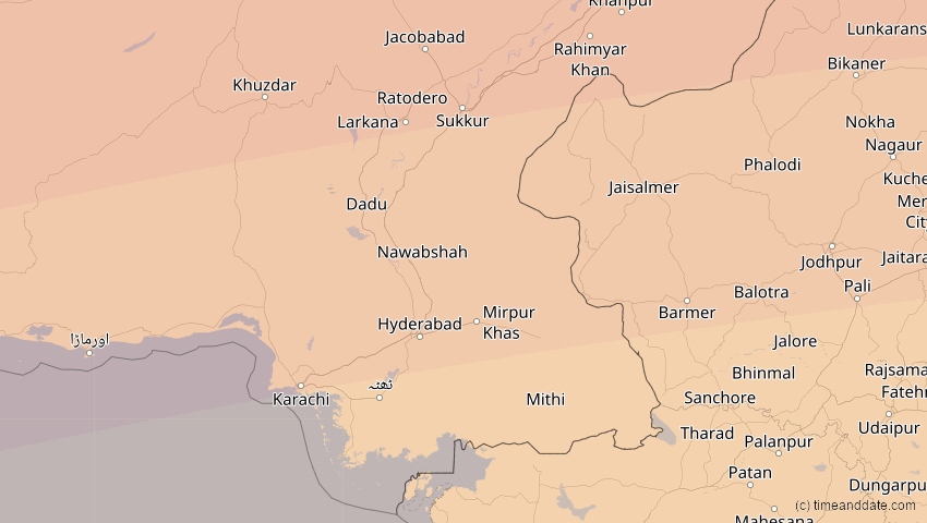 A map of Sindh, Pakistan, showing the path of the 20. Mär 2034 Totale Sonnenfinsternis