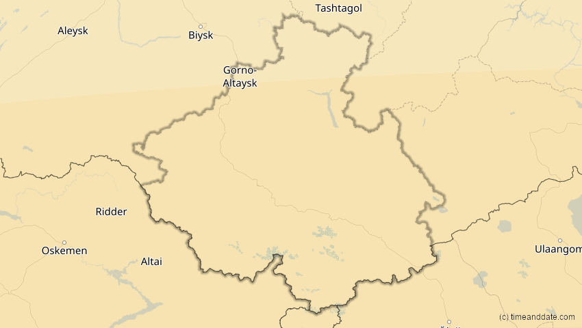 A map of Altai, Russland, showing the path of the 20. Mär 2034 Totale Sonnenfinsternis