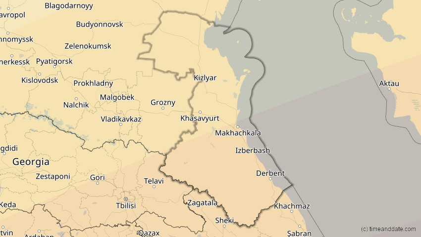 A map of Dagestan, Russland, showing the path of the 20. Mär 2034 Totale Sonnenfinsternis