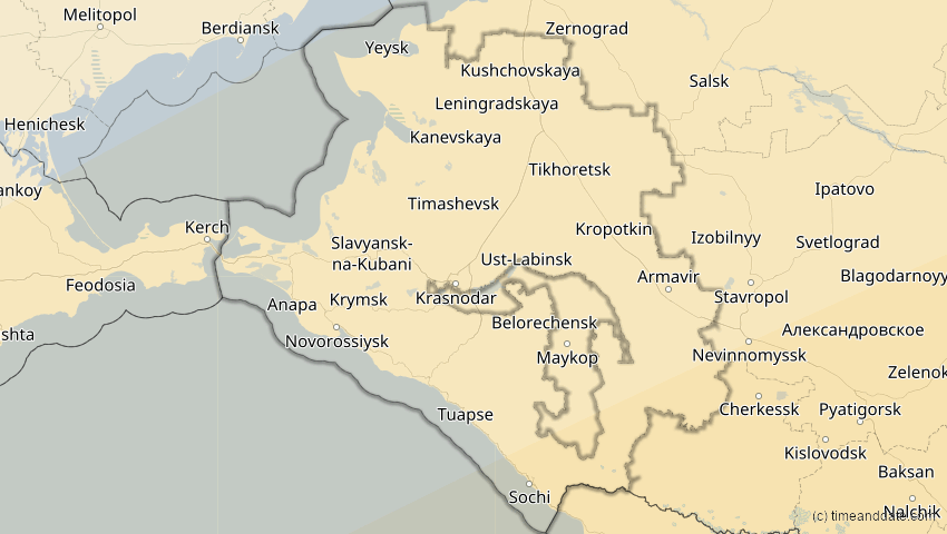 A map of Krasnodar, Russland, showing the path of the 20. Mär 2034 Totale Sonnenfinsternis