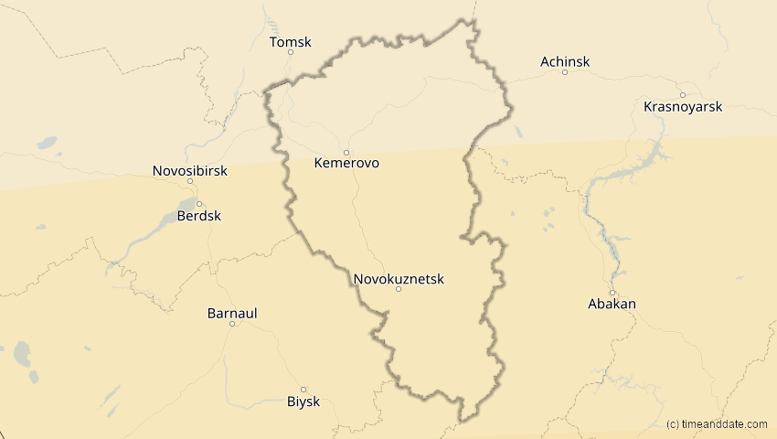 A map of Kemerowo, Russland, showing the path of the 20. Mär 2034 Totale Sonnenfinsternis
