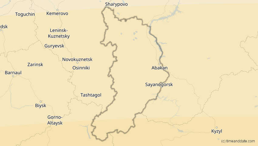 A map of Chakassien, Russland, showing the path of the 20. Mär 2034 Totale Sonnenfinsternis