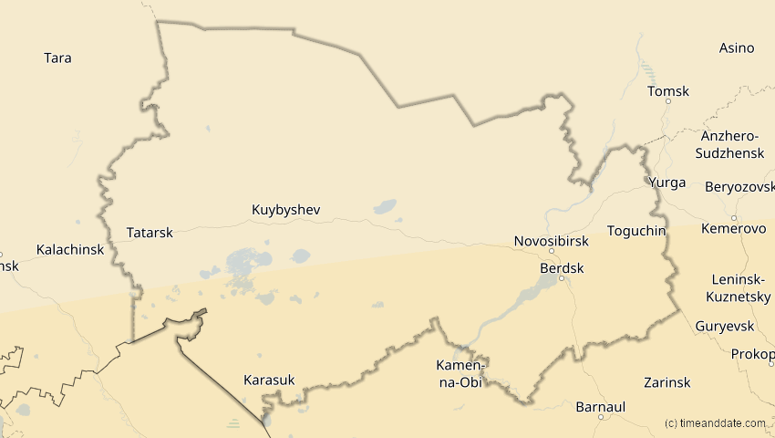 A map of Nowosibirsk, Russland, showing the path of the 20. Mär 2034 Totale Sonnenfinsternis