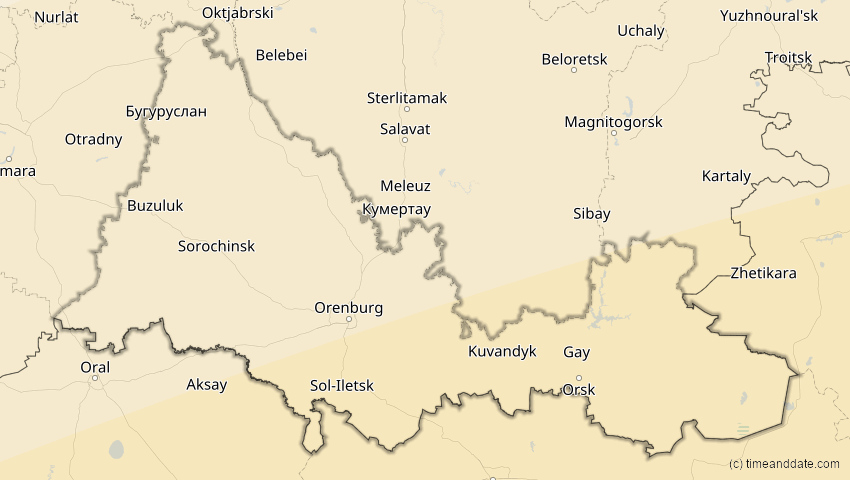 A map of Orenburg, Russland, showing the path of the 20. Mär 2034 Totale Sonnenfinsternis