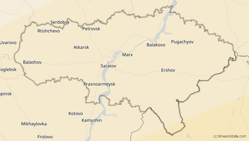 A map of Saratow, Russland, showing the path of the 20. Mär 2034 Totale Sonnenfinsternis