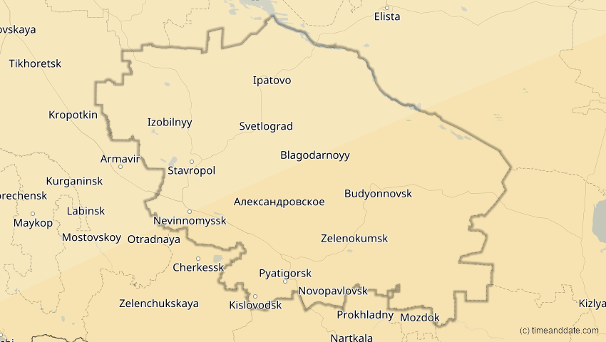 A map of Stawropol, Russland, showing the path of the 20. Mär 2034 Totale Sonnenfinsternis