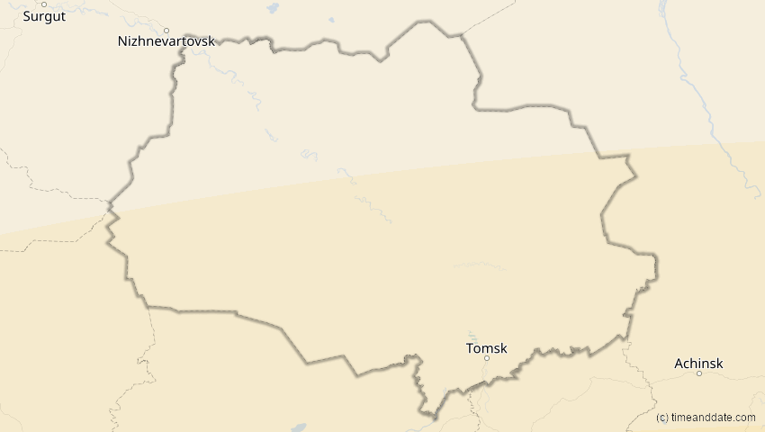 A map of Tomsk, Russland, showing the path of the 20. Mär 2034 Totale Sonnenfinsternis