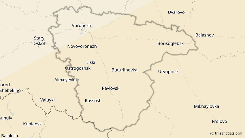 A map of Woronesch, Russland, showing the path of the 20. Mär 2034 Totale Sonnenfinsternis