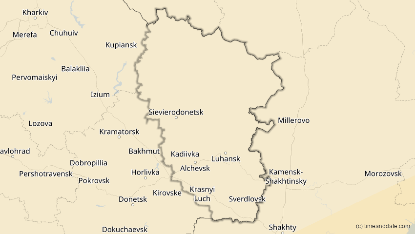 A map of Luhansk, Ukraine, showing the path of the 20. Mär 2034 Totale Sonnenfinsternis
