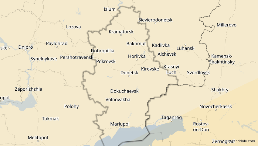 A map of Donezk, Ukraine, showing the path of the 20. Mär 2034 Totale Sonnenfinsternis