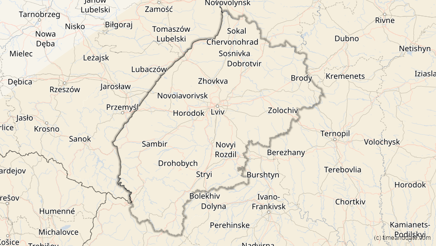 A map of Lwiw, Ukraine, showing the path of the 20. Mär 2034 Totale Sonnenfinsternis