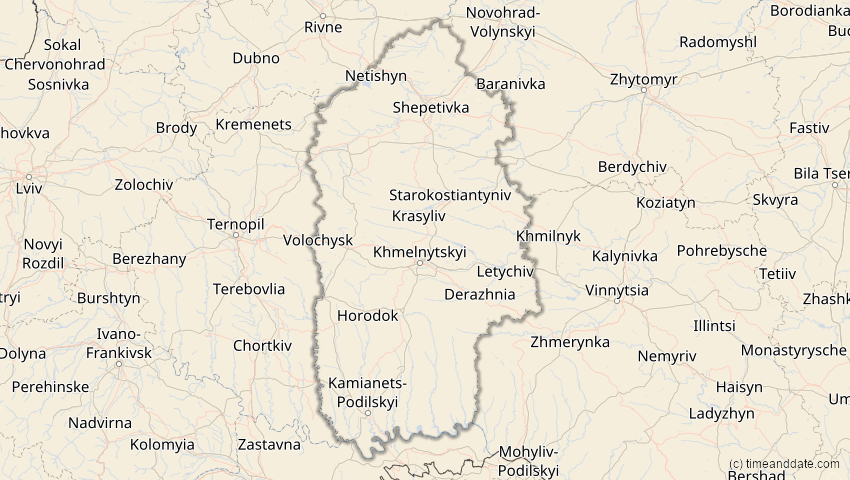A map of Chmelnyzkyj, Ukraine, showing the path of the 20. Mär 2034 Totale Sonnenfinsternis
