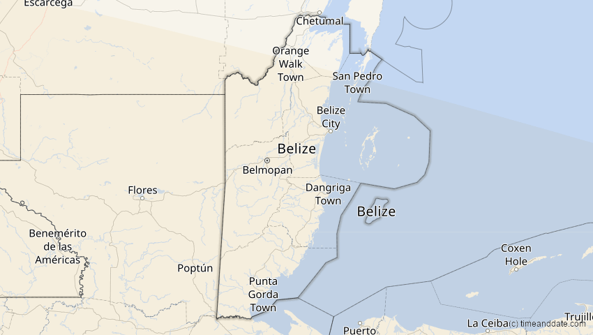A map of Belize, showing the path of the 12. Sep 2034 Ringförmige Sonnenfinsternis