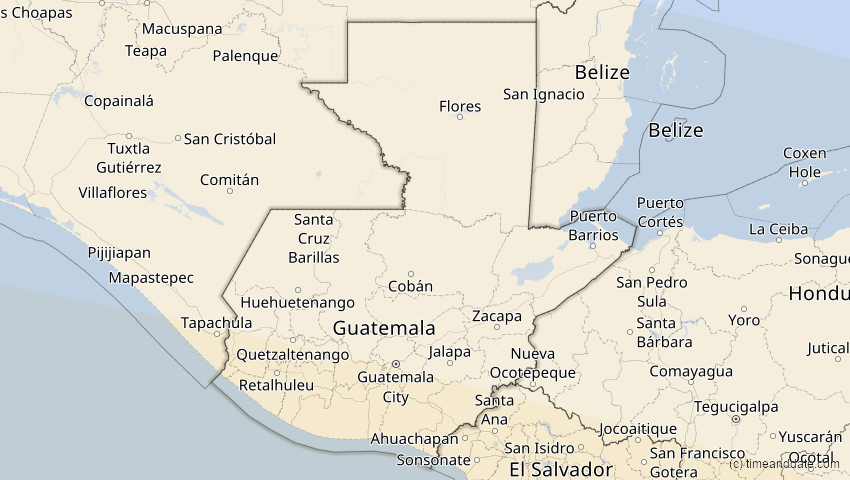 A map of Guatemala, showing the path of the 12. Sep 2034 Ringförmige Sonnenfinsternis