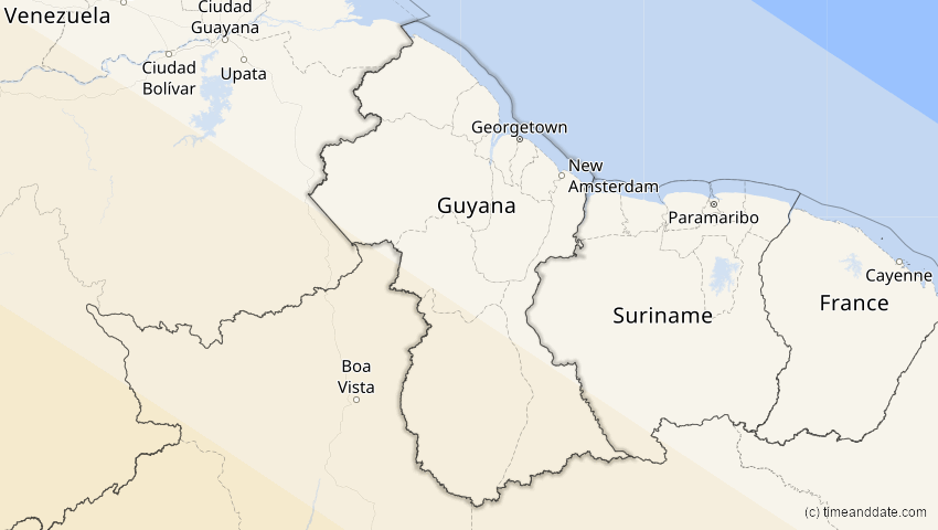 A map of Guyana, showing the path of the 12. Sep 2034 Ringförmige Sonnenfinsternis