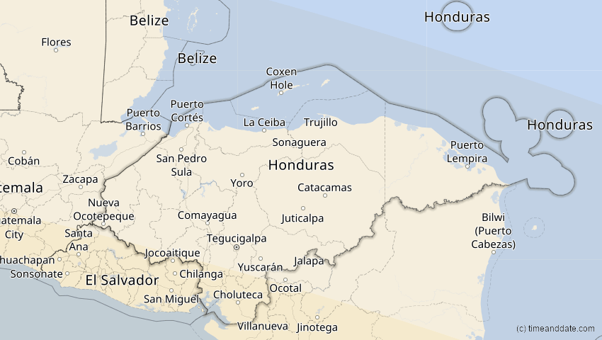 A map of Honduras, showing the path of the 12. Sep 2034 Ringförmige Sonnenfinsternis