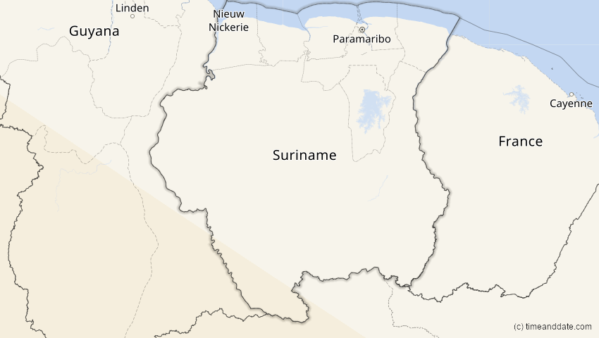 A map of Suriname, showing the path of the 12. Sep 2034 Ringförmige Sonnenfinsternis