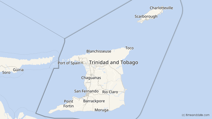 A map of Trinidad und Tobago, showing the path of the 12. Sep 2034 Ringförmige Sonnenfinsternis