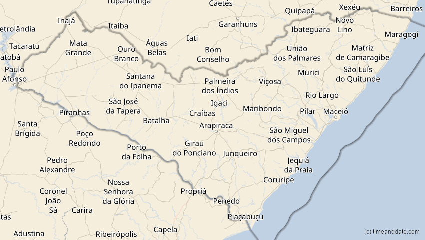 A map of Alagoas, Brasilien, showing the path of the 12. Sep 2034 Ringförmige Sonnenfinsternis