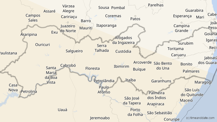 A map of Pernambuco, Brasilien, showing the path of the 12. Sep 2034 Ringförmige Sonnenfinsternis