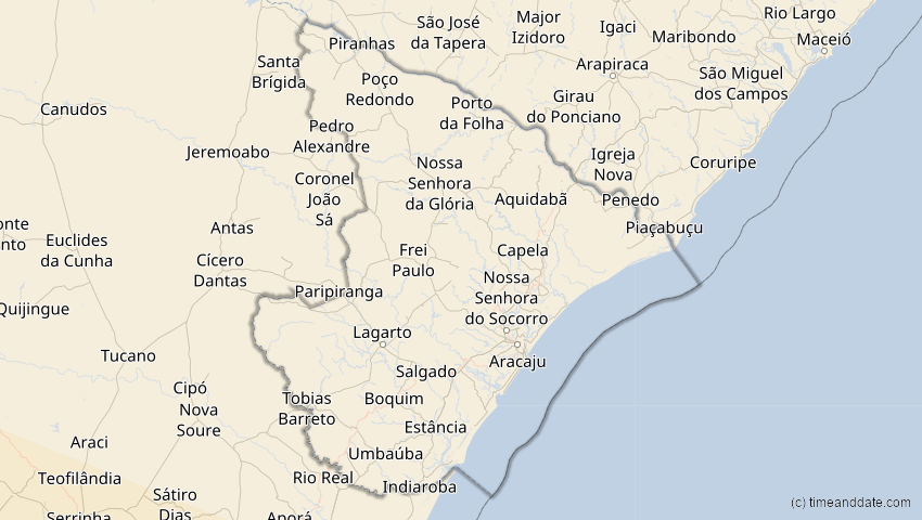 A map of Sergipe, Brasilien, showing the path of the 12. Sep 2034 Ringförmige Sonnenfinsternis