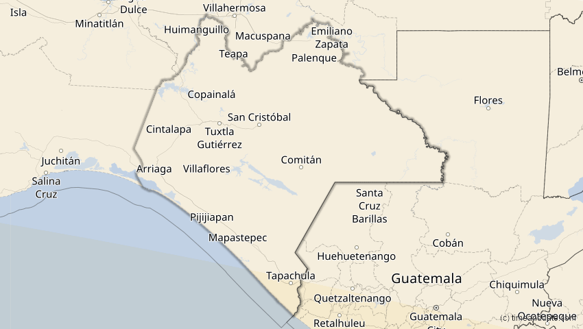 A map of Chiapas, Mexiko, showing the path of the 12. Sep 2034 Ringförmige Sonnenfinsternis