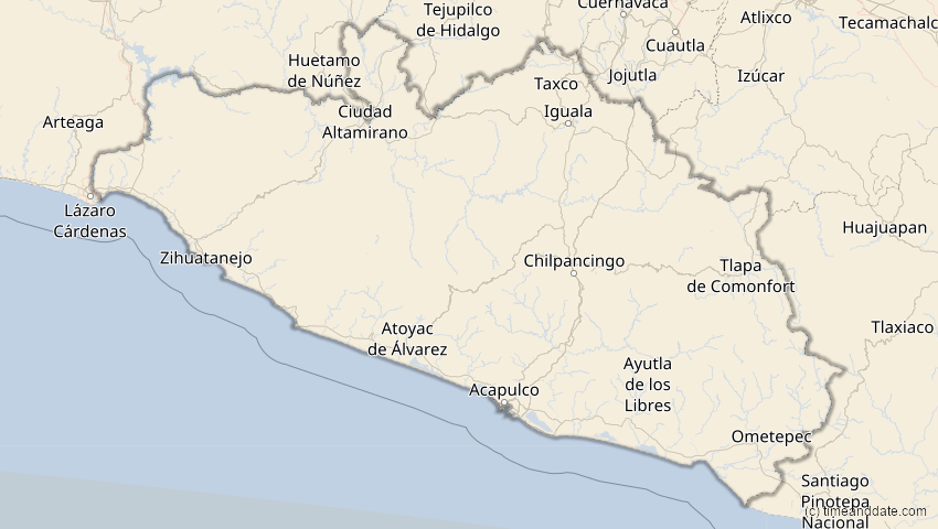 A map of Guerrero, Mexiko, showing the path of the 12. Sep 2034 Ringförmige Sonnenfinsternis