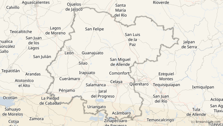 A map of Guanajuato, Mexiko, showing the path of the 12. Sep 2034 Ringförmige Sonnenfinsternis