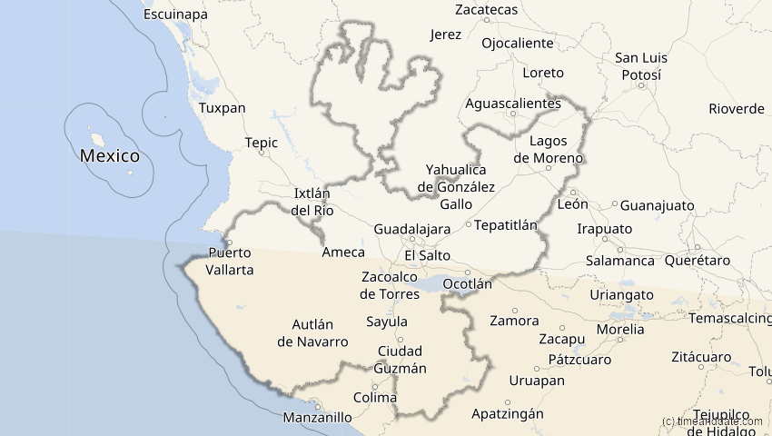 A map of Jalisco, Mexiko, showing the path of the 12. Sep 2034 Ringförmige Sonnenfinsternis