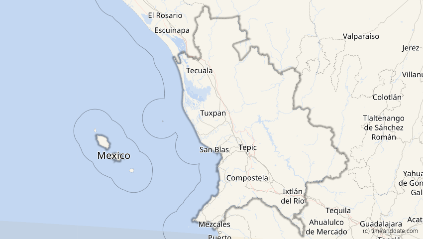 A map of Nayarit, Mexiko, showing the path of the 12. Sep 2034 Ringförmige Sonnenfinsternis