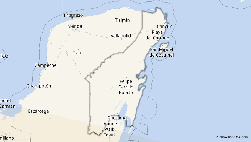 A map of Quintana Roo, Mexiko, showing the path of the 12. Sep 2034 Ringförmige Sonnenfinsternis