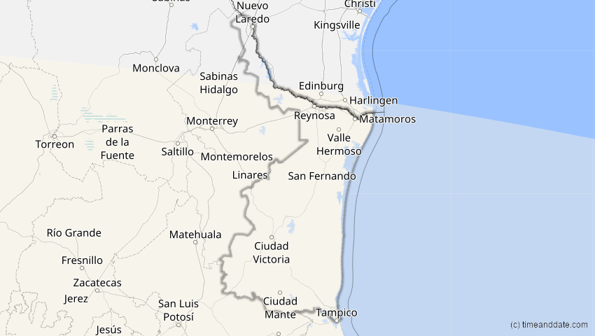 A map of Tamaulipas, Mexiko, showing the path of the 12. Sep 2034 Ringförmige Sonnenfinsternis